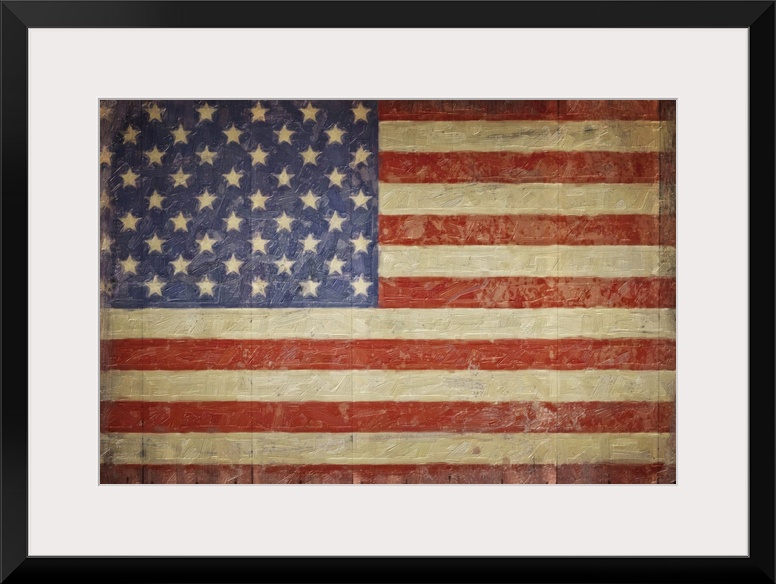 The American flag with a distress appearance on wood planks.