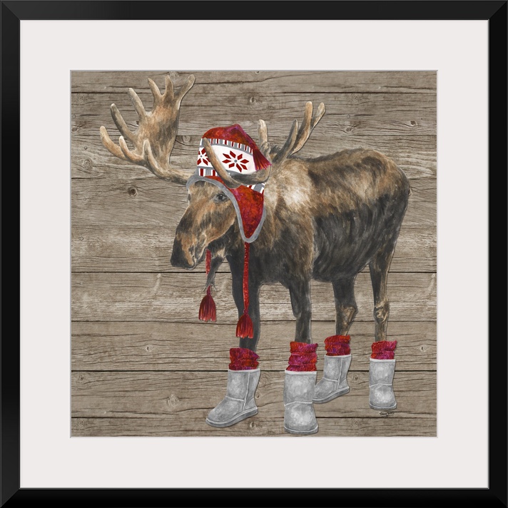 Decorative image of a buck wearing a red cap and boots with red socks against a wood panel backdrop.