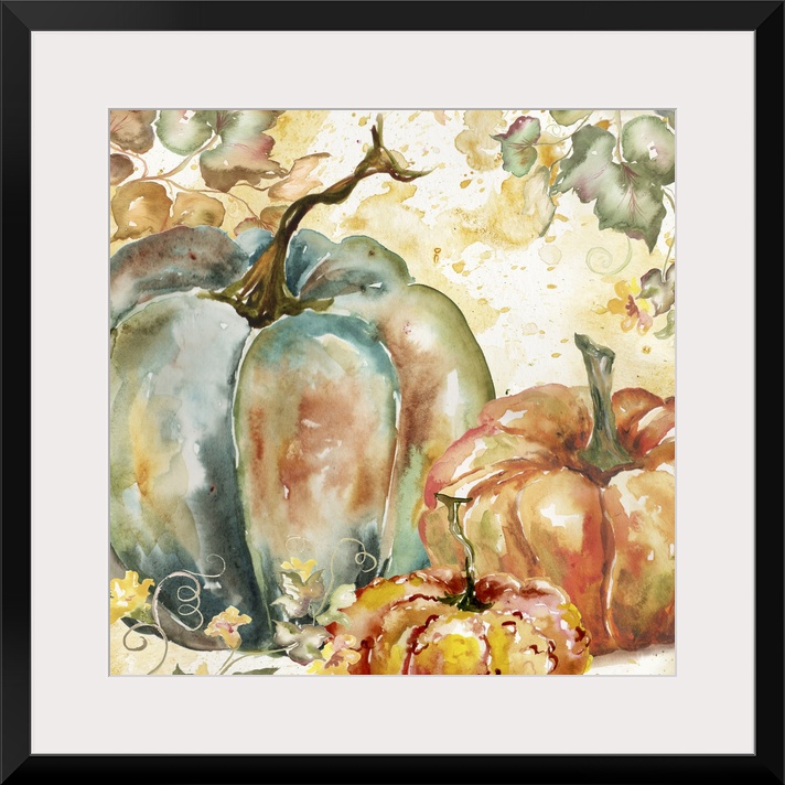 A watercolor painting of a group of pumpkins with autumn leaves in warm shades.