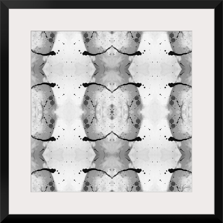 Abstract contemporary painting resembling a kaleidoscopic image, with a repeating grey and white pattern.