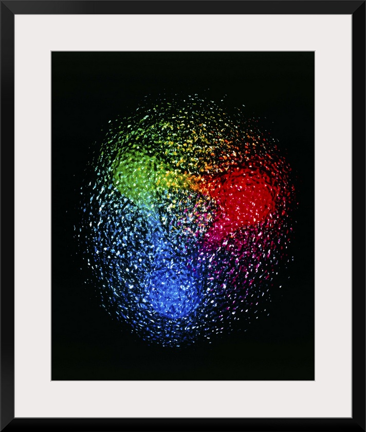 Artist's impression of a nuclear particle. This shows the particle (either a proton or a neutron) as being composed of thr...