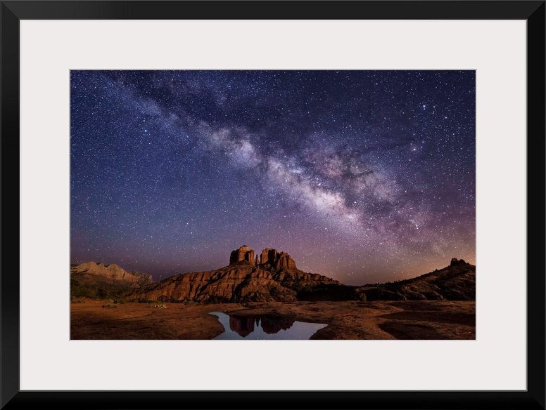 Milky Way and moonlight over Cathedral Rocks in Sedona, Arizona.