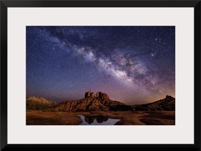 Milky Way and moonlight over Cathedral Rocks in Sedona, Arizona