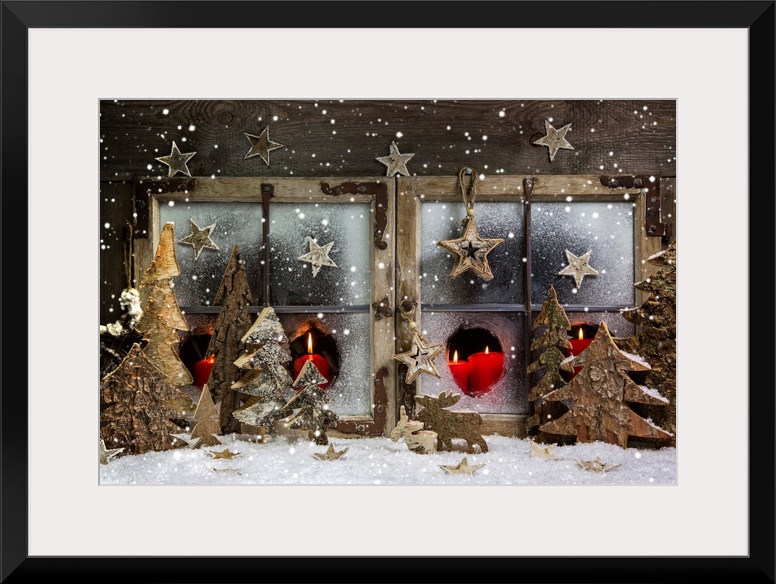 Christmas Window Decoration In Red With Wood.