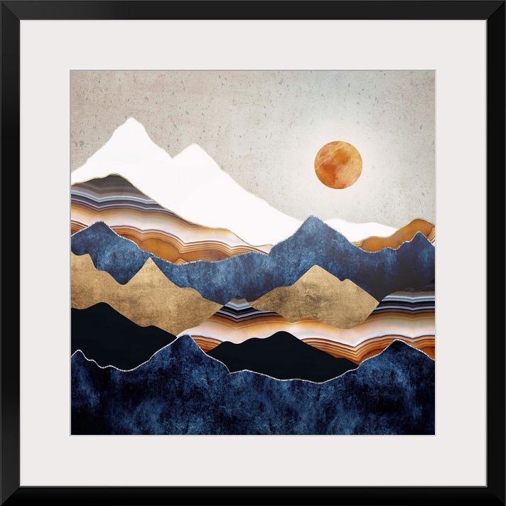 Abstract depiction of a landscape with an amber sun and mountains.