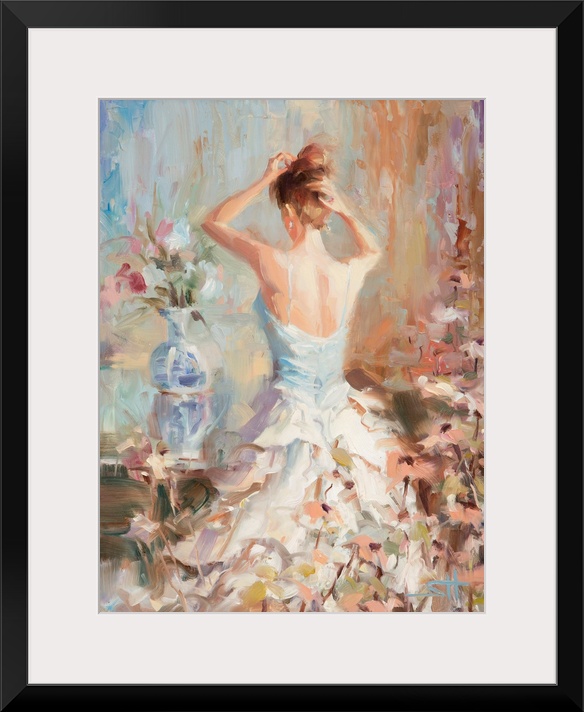 Traditional impressionist painting of an elegant woman in her boudoir or bedroom, fixing her hair and surrounded by vases ...