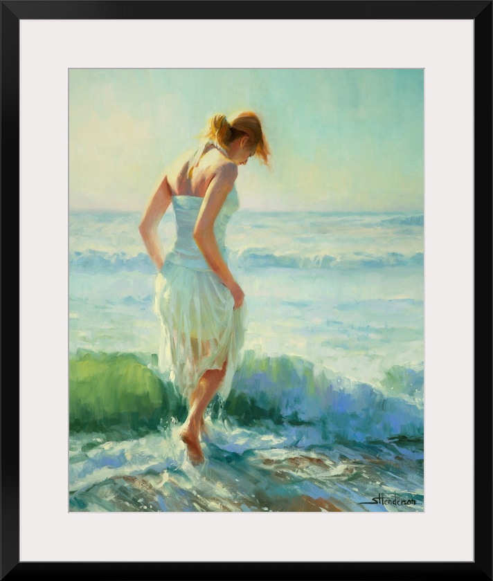 Traditional representational painting of a young woman in a sundress walking barefoot through the ocean surf. She is a red...