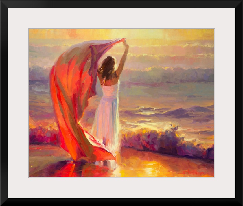 Traditional impressionist painting of a young beautiful woman standing at the beach, arms raised to the sunset