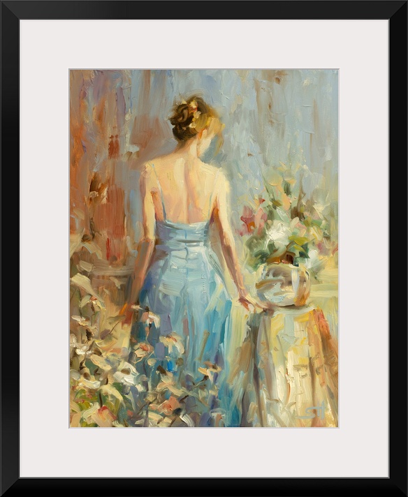 Traditional impressionist painting of an elegant woman in a blue dress in a boudoir or bedroom, standing by an end table o...