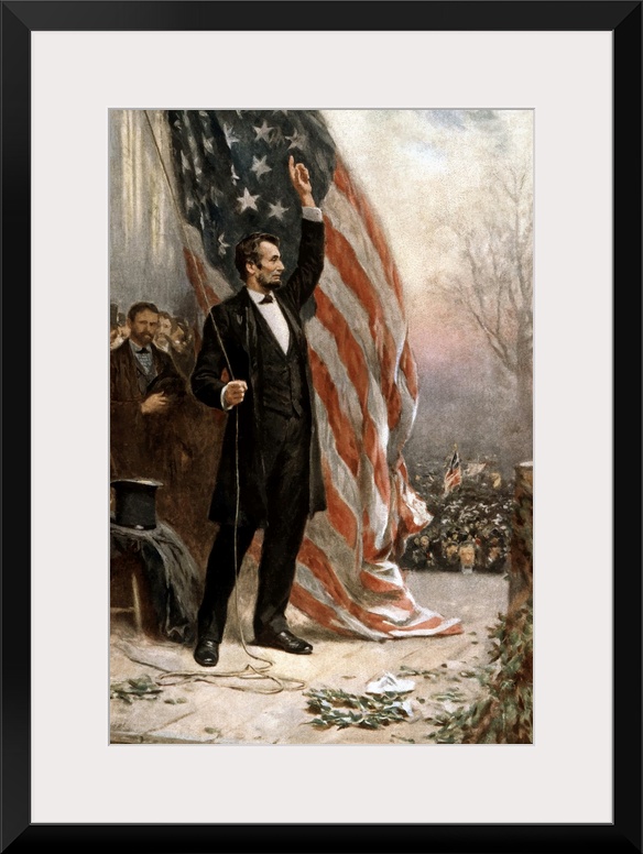 Digitally restored vintage American Civil War painting featuring President Abraham Lincoln holding the American flag as he...