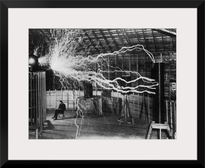 Bolts of electricity discharging in the lab of Nikola Tesla.