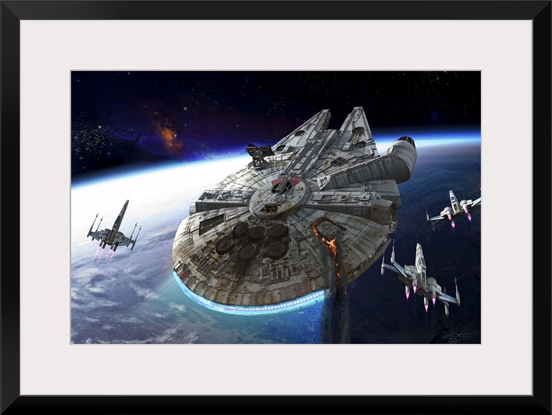 The Millennium Falcon flying over a planet with three X-Wings.