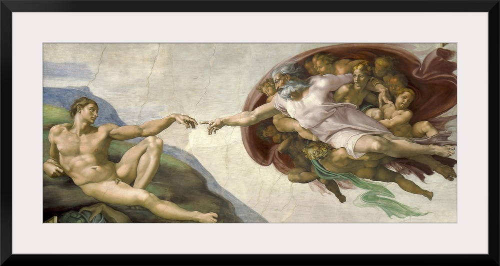Vintage masterpiece painting of The Creation of Adam. Painted by Michelangelo on the ceiling of the Sistine Chapel, circa ...