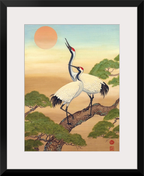 Asian style painting of two cranes perched in a tree, looking at the sun.
