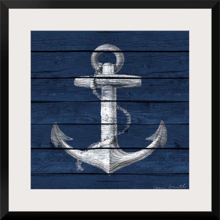 A painting of an anchor on a blue wood paneled background.
