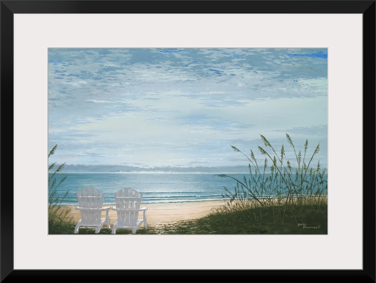 Contemporary painting of two adirondack chairs in the sand overlooking the beach.