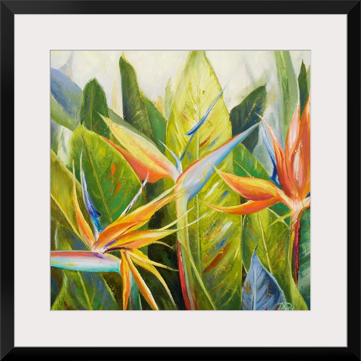 Contemporary artwork of multicolored plants and large green leaves standing straight up in the background.