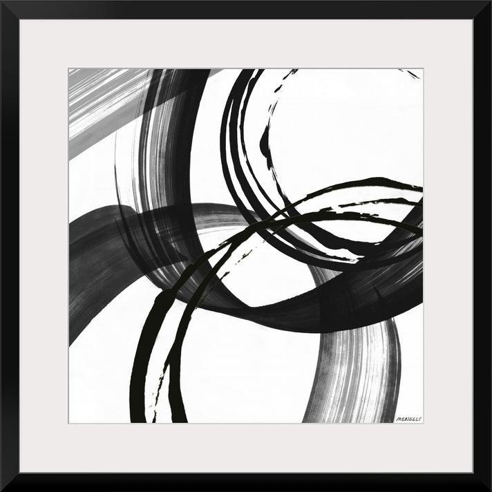 A contemporary abstract painting with big circles using black and white hues.