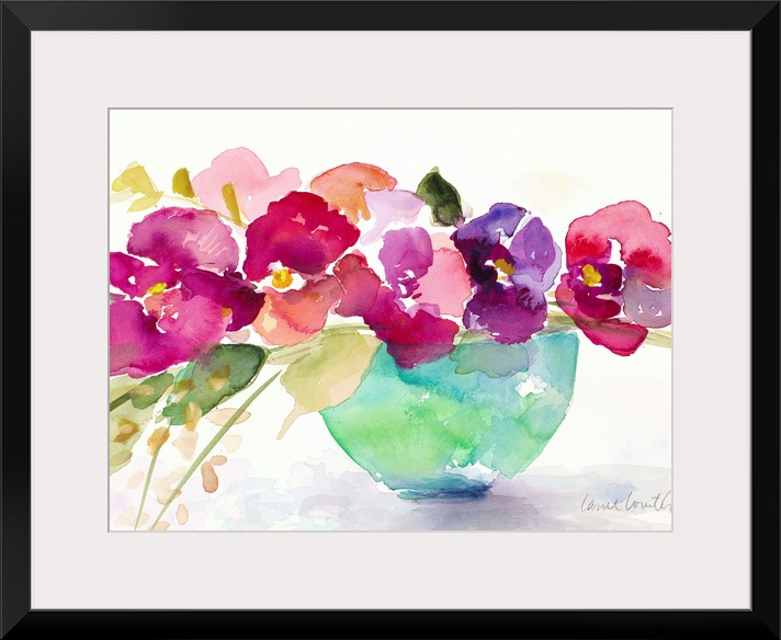 Watercolor painting of flowers in a blue bowl.