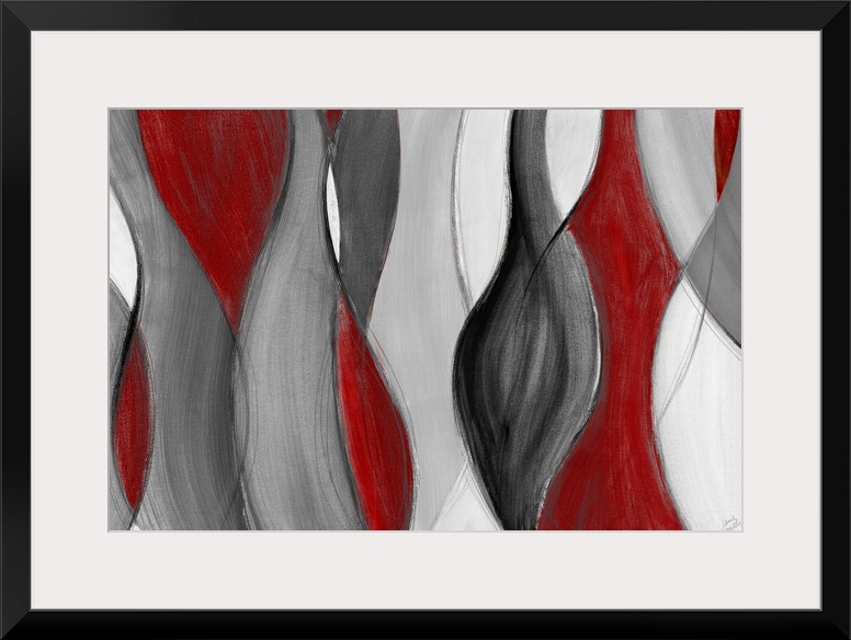 Horizontal abstract painting of swirling, vertical curves.