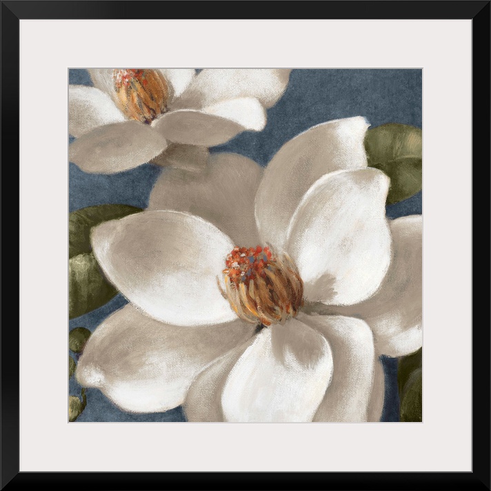 Acrylic painting of two flowers with broad petals in full bloom backed by rounded leaves.