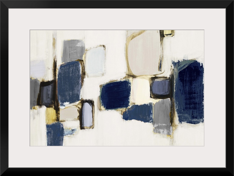 Contemporary abstract art with dark blue shapes on light grey.