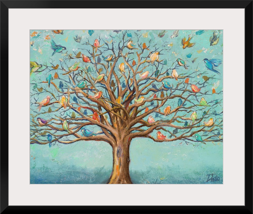 Artwork of a tree with branches full of colorful birds.