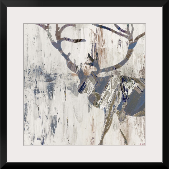 Silhouette of a deer with large antlers in earth tones.