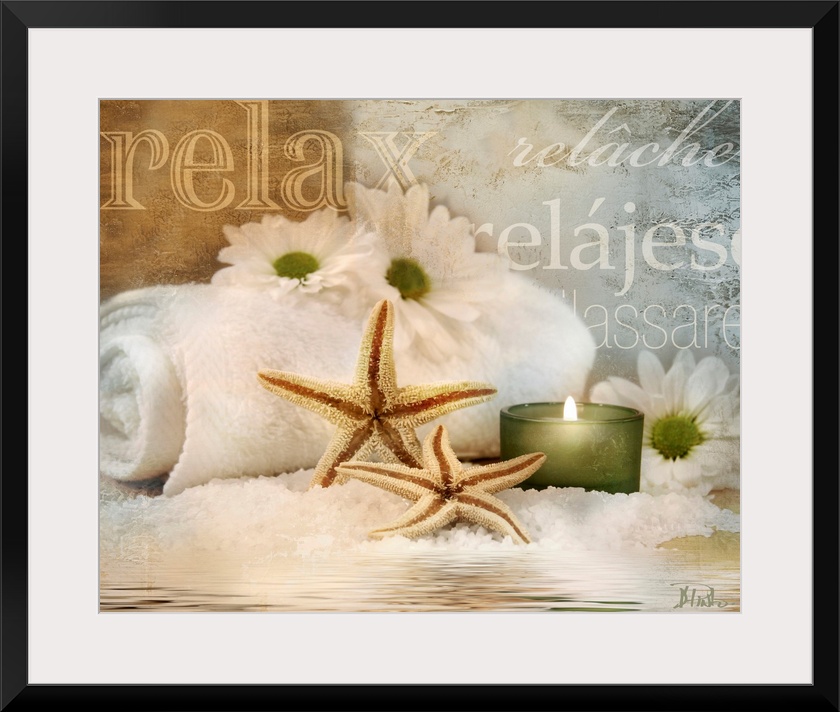 Seaside spa themed home docor wall art of daisies, starfish, a candle, and super imposed typography saying orelaxo in diff...