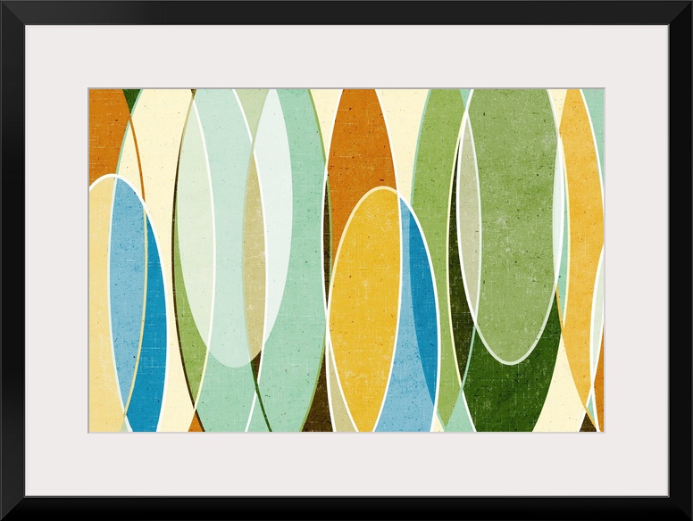 Abstract painting with a mid-century feel of organic shapes with clean lines and mild colors.