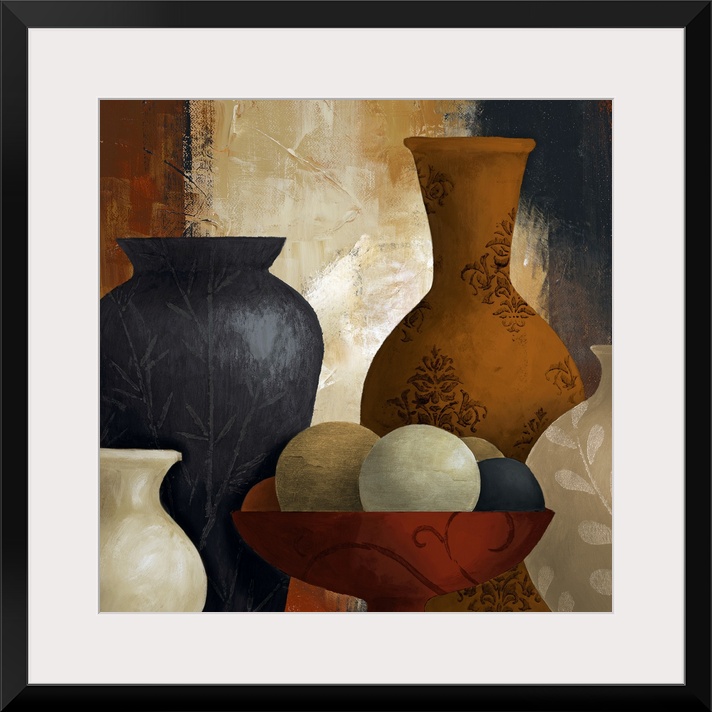 A piece of contemporary artwork that has multiple vases of different shapes and sizes with various designs and one holding...