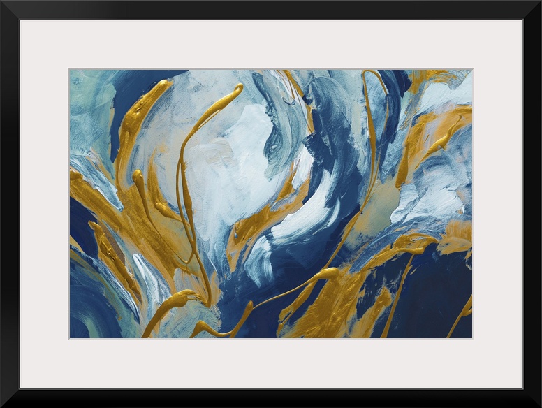 Abstract artwork in blue and white with golden swirls.