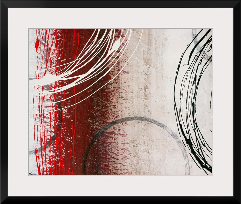 Abstract painting of  overlapping circles and lines.  The background has distressed vertical bands of muted colors.