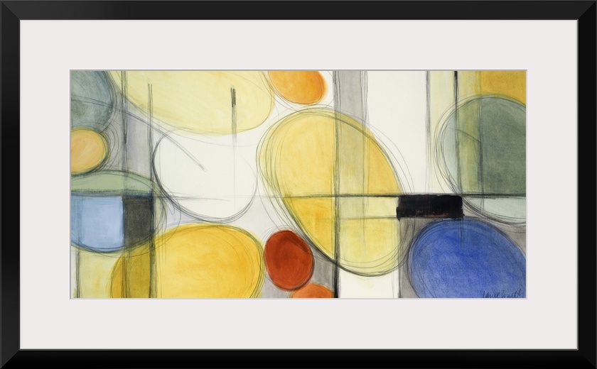 Abstract painting in colorful circular shapes and intersecting lines.