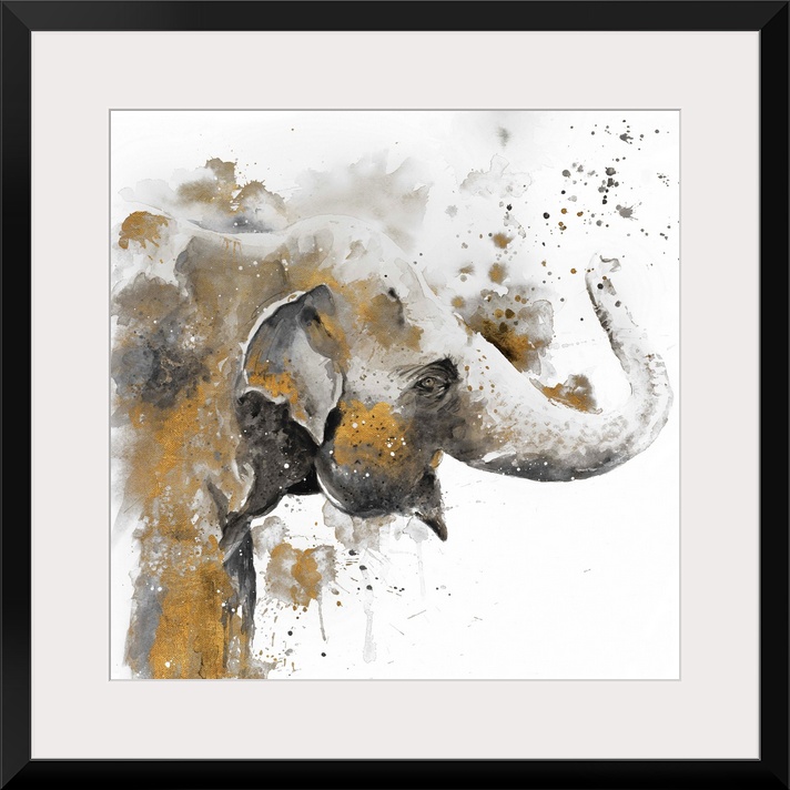 Watercolor painting of an elephant embellished with gold and paint splatters.