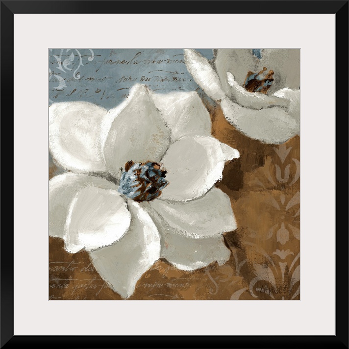 Square wall art of two flower blossoms painted on decorative backgrounds containing hand written words.