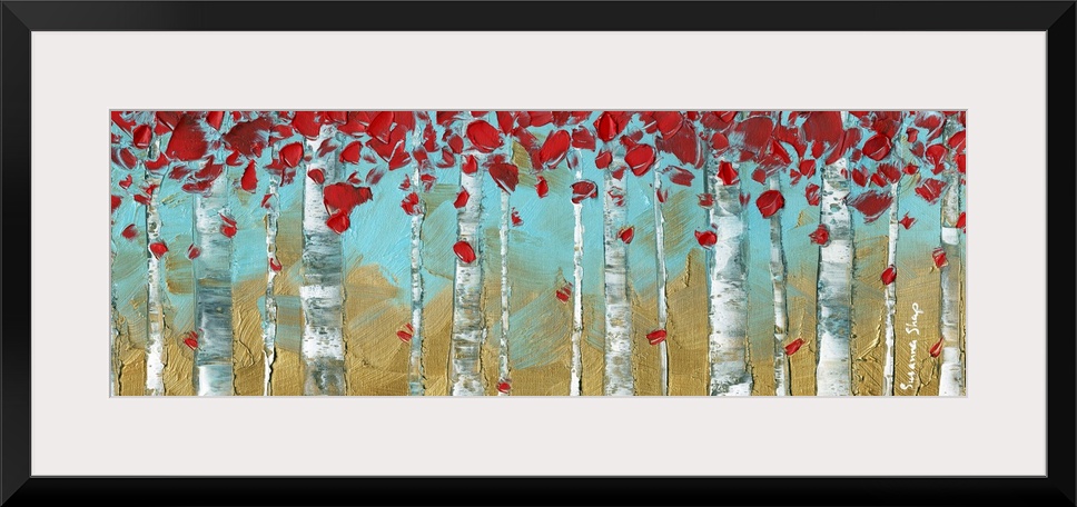 Panoramic painting of Birch trees on a gold and light blue background with bright red leaves.