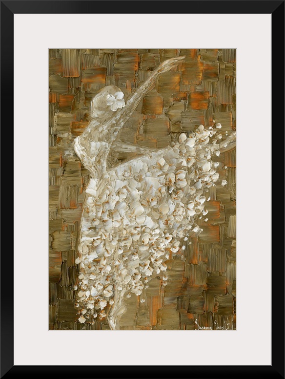Painting of a ballerina in a white ball gown on an abstract background of cool brown and rust shades.