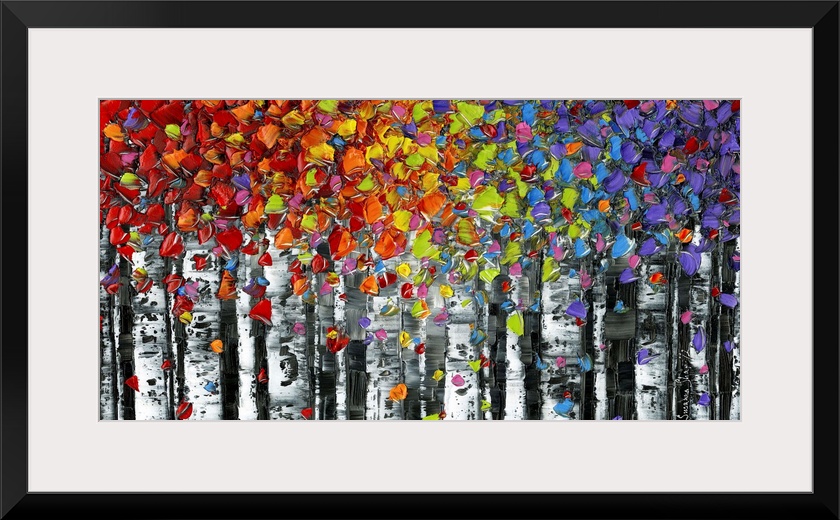 Contemporary multicolored birch trees in a forest landscape.