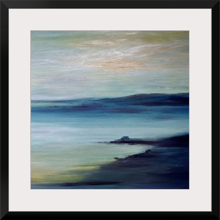 A large piece of contemporary artwork of a painted coast with land protruding into the water in the distance.