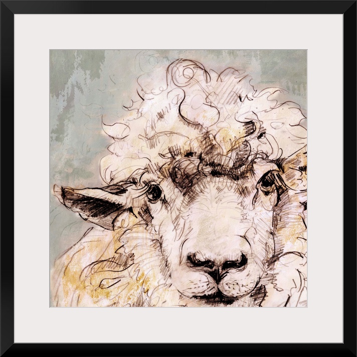 Contemporary artwork of a sheep against a muted pale gray background.