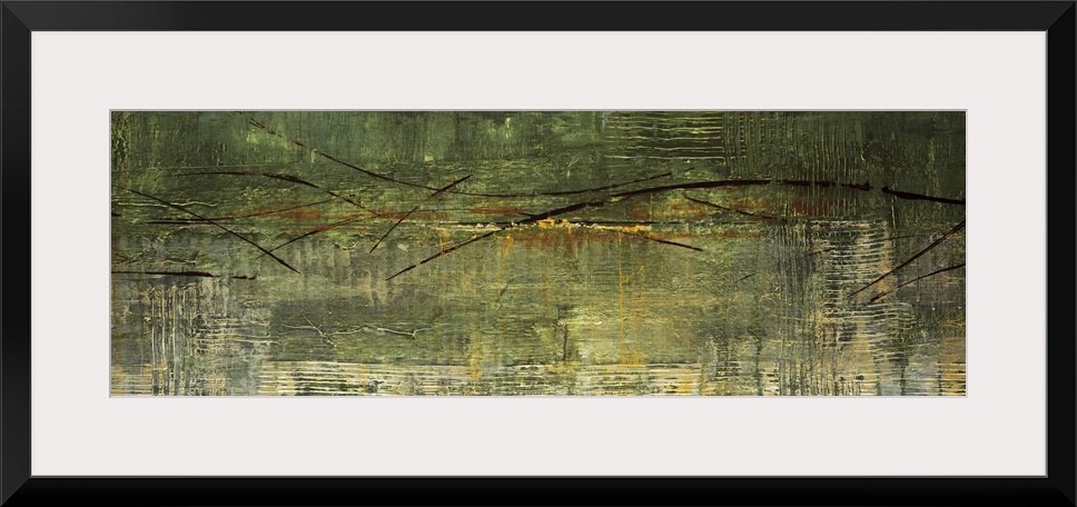 Abstract painting reminiscent of a city skyline in a monochromatic color scheme.