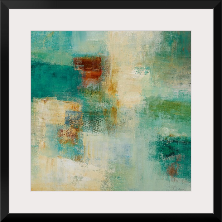 Square abstract painting with warm and cool patches of color in rough textures.