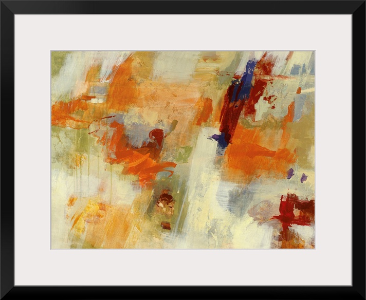 Colorful contemporary abstract painting consisting of wide brush strokes and dripping painting.