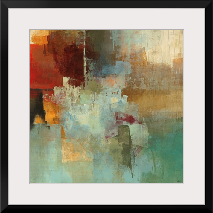 Large, square contemporary painting in a variety of warm and cool colors of patchy, square and rectangular shapes, with sp...