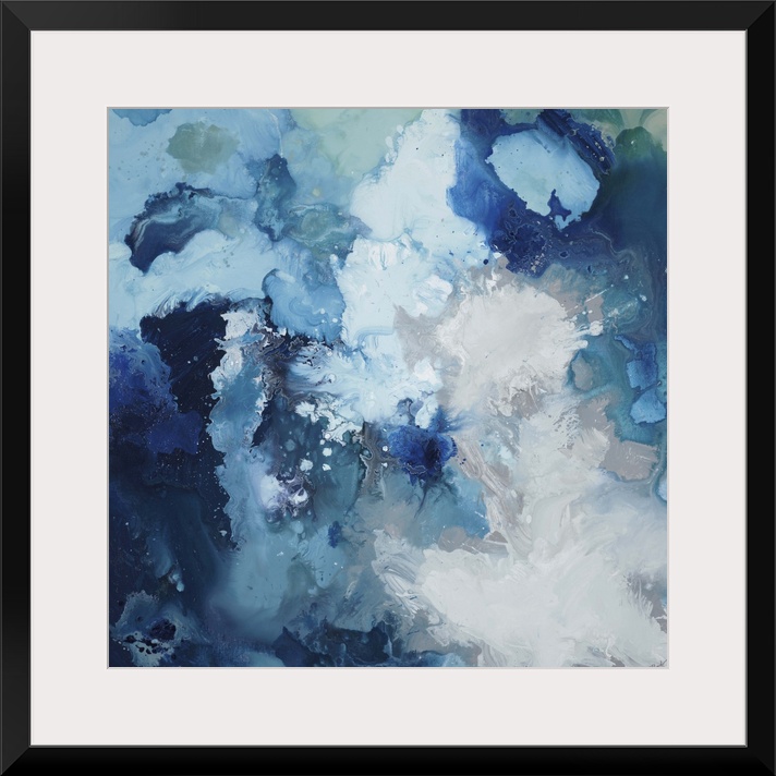 Contemporary abstract painting using blue tones swirling around to create a flowing cloud like form.