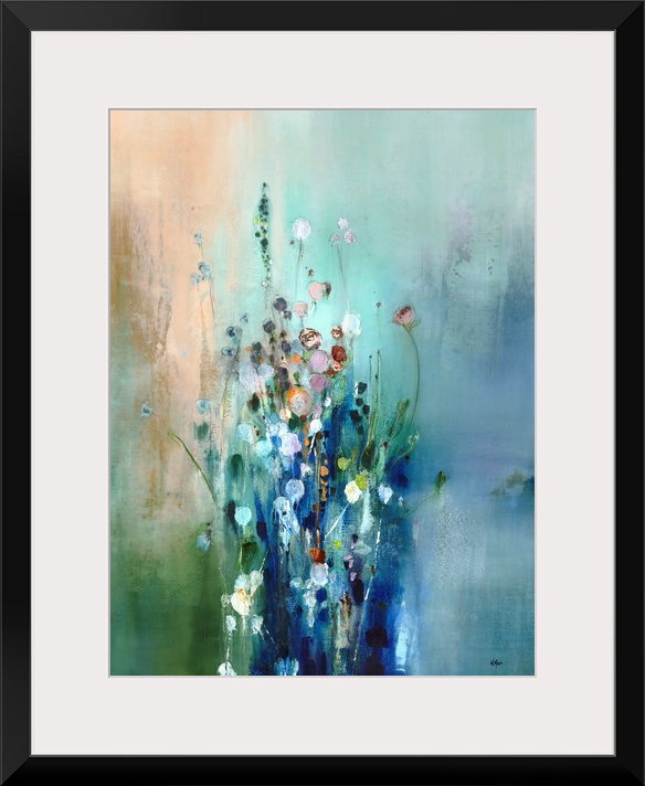 A contemporary abstract painting that resembles a bunch of tall wildflowers on a green and blue background