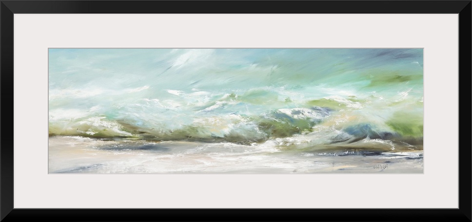 A contemporary panoramic painting of green ocean waves washing onto the sand - a calm image perfect for a beach cottage