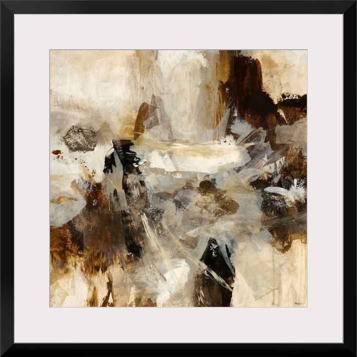 Contemporary tonal abstract painting of overlapping brush strokes varying in length and thickness, oriented in all directi...