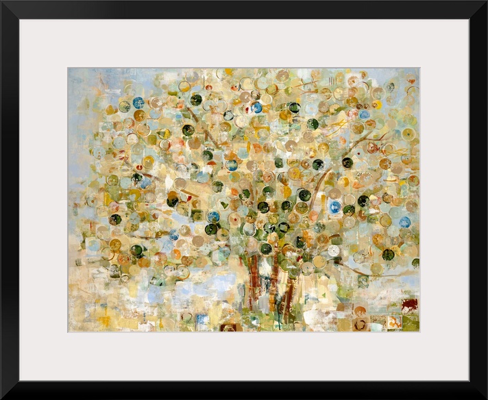 Large living room decor of an abstract landscape of a tree where the leaves are represented by circles.